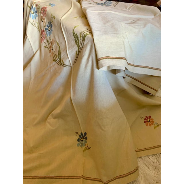 Vintage Cretan Hand Embroidered Cross Stitch Floral Tablecloth Tan- Ecru Autumnal Linen For Sale - Image 10 of 12