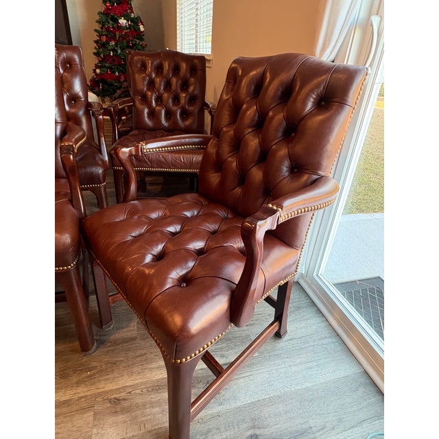 Set of 6 matching brown genuine leather Washington tufted chairs made by Hancock & Moore. These high-quality chairs are...