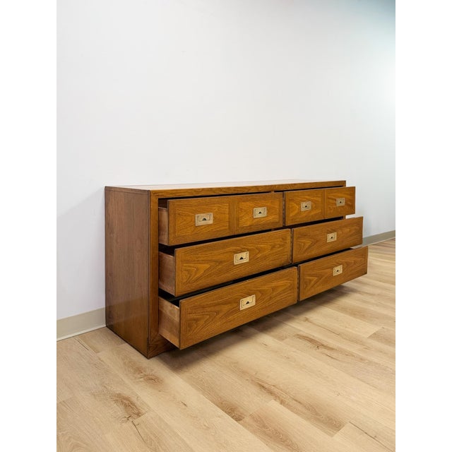 Brown Vintage MCM Dixie Act 2 Campaign Style Dresser Brass Pulls Warm Wood Tone Lowboy For Sale - Image 8 of 14