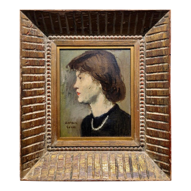 Raphael Soyer -Portrait in Profile of a Woman Wearing a Pearl Necklace-1930s Oil Painting For Sale