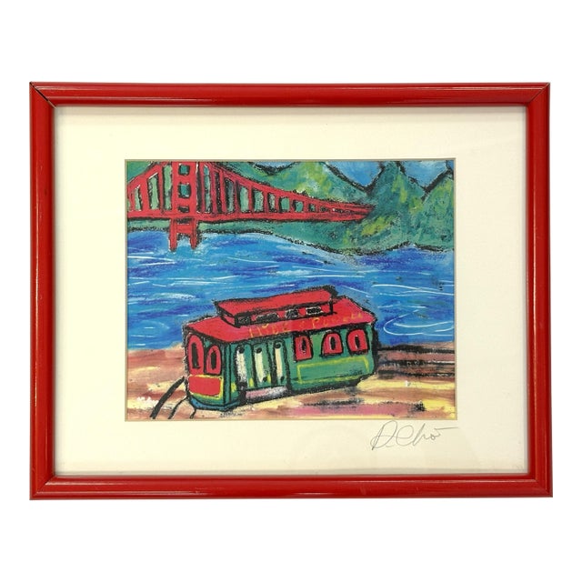 Original Signed and Framed Primitive Pastel Artwork Depicting a 'Bridge & Train' For Sale