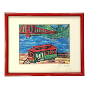 Original Signed and Framed Primitive Pastel Artwork Depicting a 'Bridge & Train'