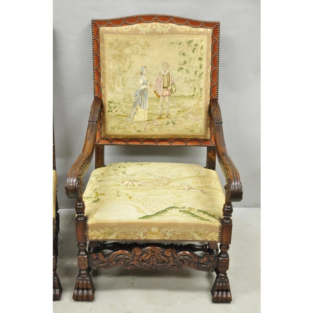 Antique French Louis XIV Style Needlepoint Tapestry Carved Walnut Arm Chair Pair For Sale - Image 9 of 18