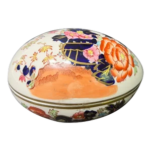 Mid 20th Century Vintage Mason’s Trinket Box Egg Ironstone England Egg Shape Signed Gold Trim