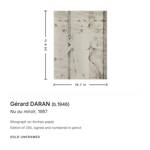 Contemporary 1987 Gérard Daran Nu Au Miroir Signed Lithograph For Sale - Image 3 of 3