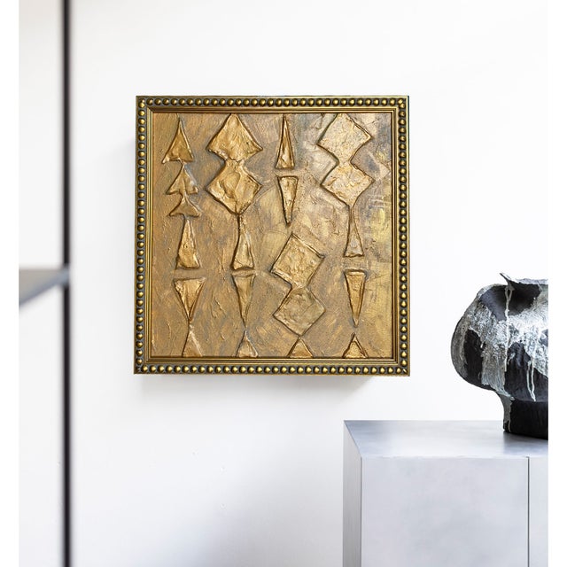 2020s Textured Gold Abstract Painting | Sculptural Wall Art | Luxury Framed Acrylic Clay Artwork | Neutral Modern Decor | Original Art 13x13 For Sale - Image 5 of 5