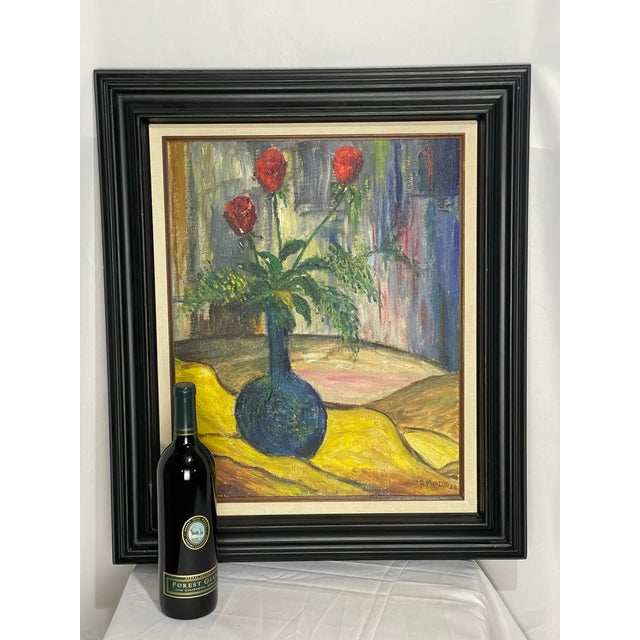 Striking 1949 expressionist floral still life featuring three red blossoms arranged in a richly painted blue-green vase....