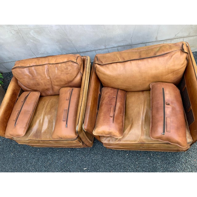 Late 20th Century Pair Large-Scale French 1970s Cognac Saddle Leather Armchairs For Sale - Image 5 of 18
