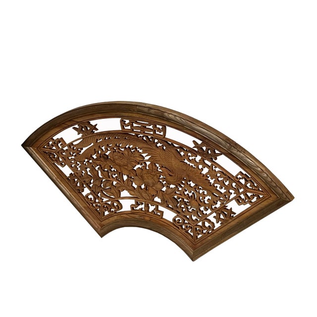 You are looking at this Chinese handmade fan shape wall hanging decor panel with Chinese Phoenix bird and flowers carving...