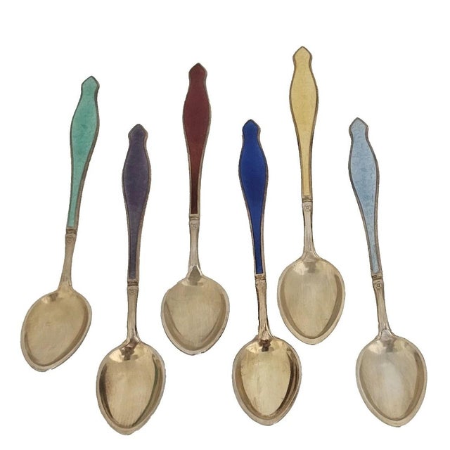 A luminous mid‑century Scandinavian treasure, this set of six Gustav Hellstrøm sterling silver guilloché enamel demitasse...