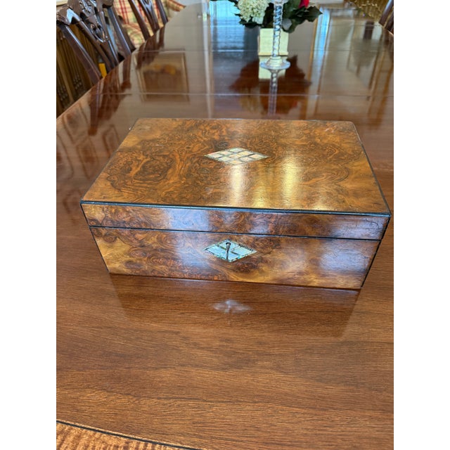 Victorian Burl Walnut Writing Slope with Mother-of-Pearl Inlay, c. 1870 A beautifully grained 19th-century English writing...