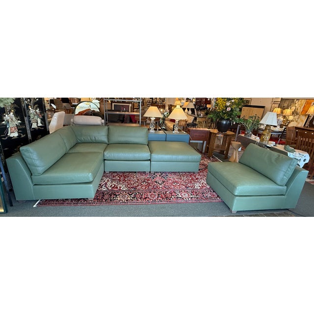 Fitzgerald Modular Teal Leather Sofa With Storage Ottoman, Set For Sale - Image 4 of 17