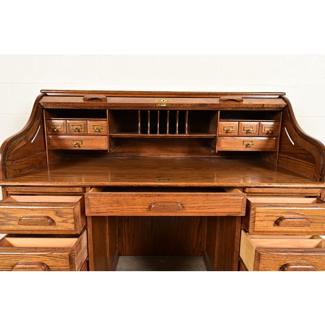 Brown Victorian Carved Solid Oak Roll Top Desk For Sale - Image 8 of 15