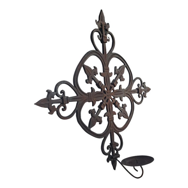 Vintage Cast Iron Fleur-De-Lis Candle Sconce For Sale