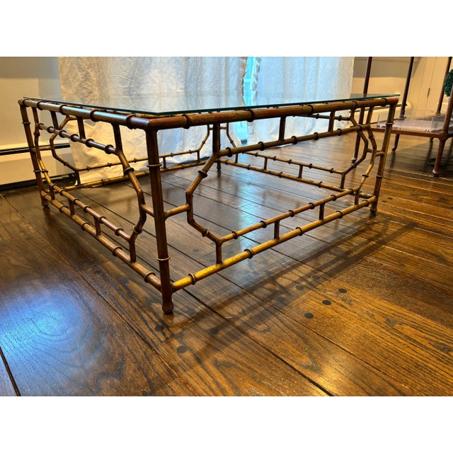 Ornamental & Decorative Materials 1970s Mid-Century Modern and Hollywood Regency Faux Bamboo Metal & Glass Square Coffee Table For Sale - Image 7 of 11