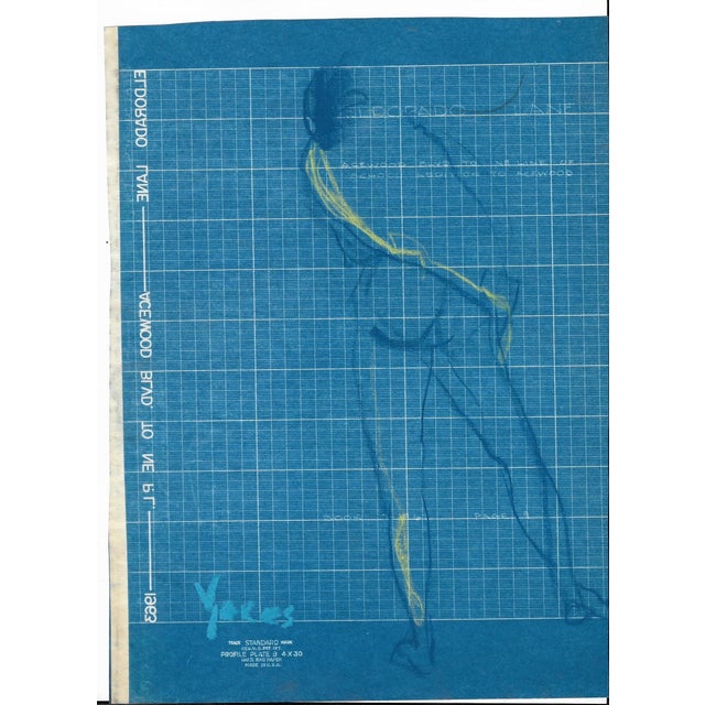 1968 pastel drawing of a standing female nude on blueprint paper by artist Katherine Yares. This comes from her student...