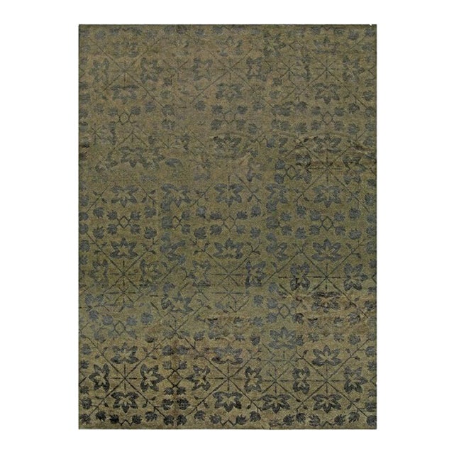 9x12 Green Hand-Knotted Wool Botanical Lattice Classic Traditional Carpet Rug For Sale