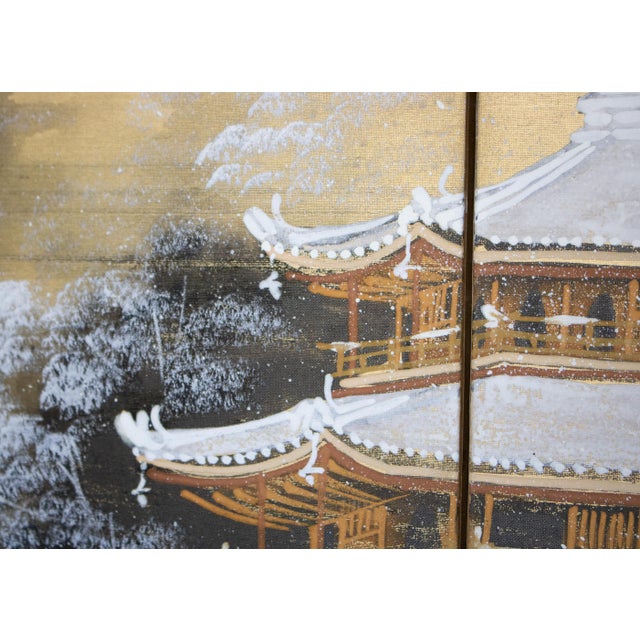 1960s "Winter Landscape With Temple", Showa Era Japanese Silk Byobu Screen For Sale - Image 11 of 18