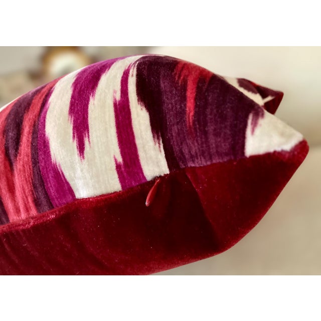 Pair of 22" Custom Schumacher Kashgar Ikat Velvet Pillows Pattern 176102 in Ruby Plum For Sale - Image 9 of 18