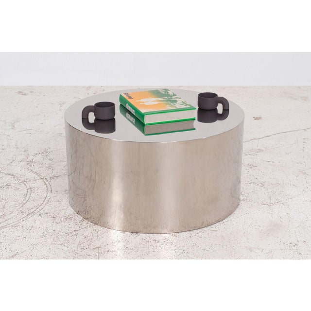 Custom Polished Metal Drum Coffee Table in the Style of Brueton, 1980 For Sale - Image 4 of 6
