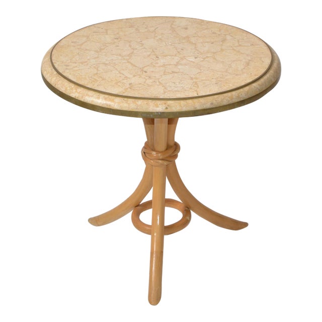 Brass & Tessellated Stone on Bamboo Wood Side, Drink, End Table Maitland Smith For Sale