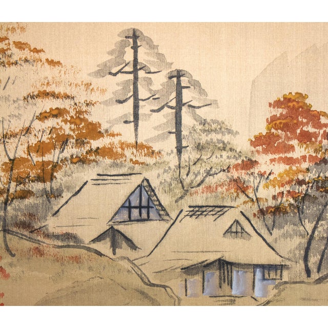 1960s Shōwa Era Japanese Silk Byobu Screen "Mountain Landscape With Houses" For Sale - Image 10 of 17