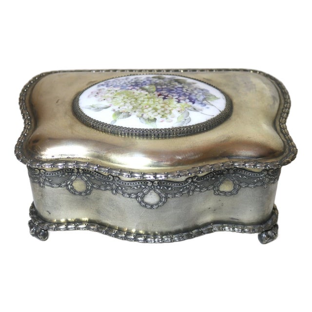 Quality Antique Ornate Silverplate Painted Porcelain Pairpoint MFG Jewelry Box For Sale