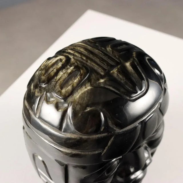 Olmec Head in Black Obsidian Stone For Sale - Image 6 of 8