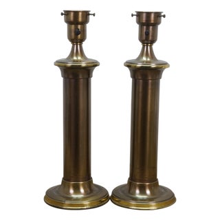 2 Vintage Brass Hollywood Regency Torchiere Column Table Lamps 20 For Sale