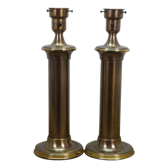 2 Vintage Brass Hollywood Regency Torchiere Column Table Lamps 20 For Sale