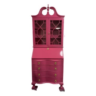 1970s Vintage Chippendale Secretary Cabinet Lacquered in Rasberry Pink For Sale