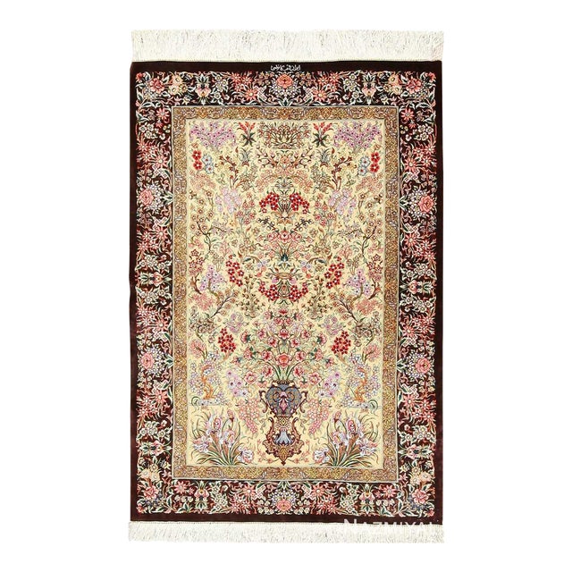 Persian Silk Scatter Floral Vase Luxury Qum Rug For Sale
