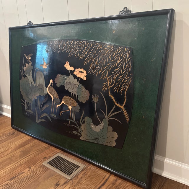 Vintage Asian Lacquered Relief of Birds at a Pond.