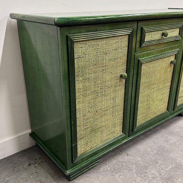Vintage Green Lacquered Sideboard with Woven Cane Panels, Italy, 1980s For Sale - Image 9 of 15