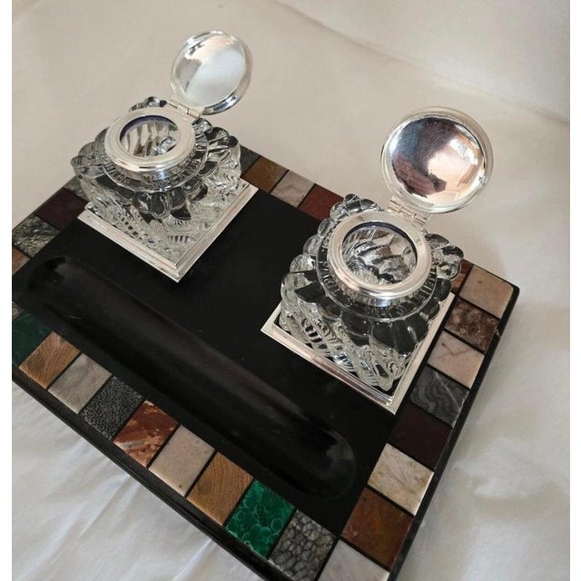 Antique Victorian Ashford Black Marble Pietra Dura Twin Inkwell Stand, 1865 For Sale - Image 3 of 18