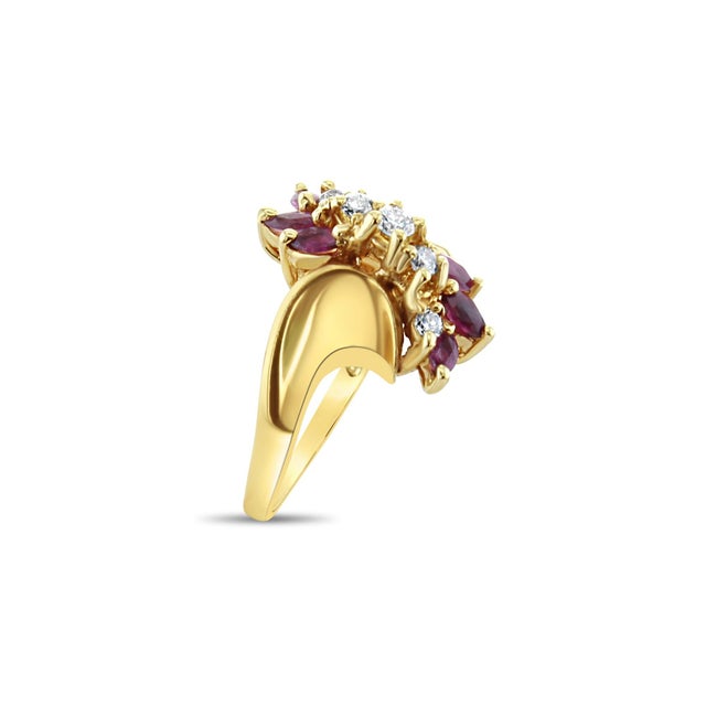 Contemporary Marquise Ruby & Diamond Vertical Cluster Ring 14k Yellow Gold, Size 6.5 For Sale - Image 3 of 4