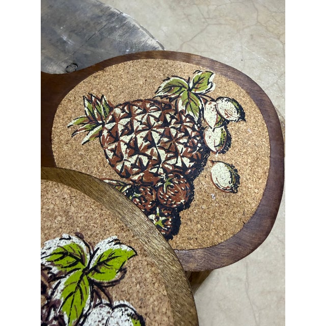 Vintage Mid-Century Modern Pineapple Cork & Wood Hot Plate Trivet Coaster Set - Set of 5 For Sale - Image 4 of 5