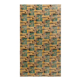 1960s Vintage Distressed Art Deco Rug in Brown, Yellow, Green All Over Pattern For Sale