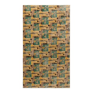 1960s Vintage Distressed Art Deco Rug in Brown, Yellow, Green All Over Pattern For Sale