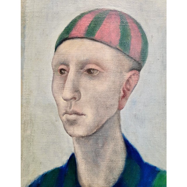 Arthur Okamura -Modernist Portrait Man Holding a Ball- 1954 Oil Painting For Sale In Los Angeles - Image 6 of 12