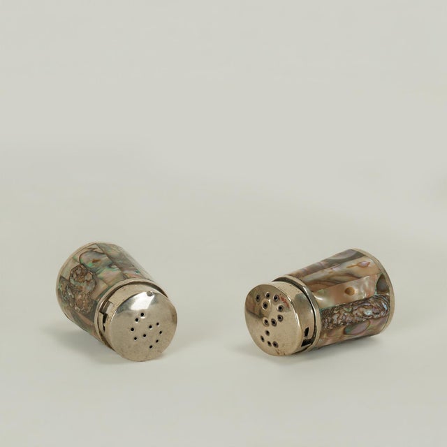 Mid Century Silver Plate and Mother of Pearl Salt and Pepper Shaker With Tray For Sale - Image 4 of 8