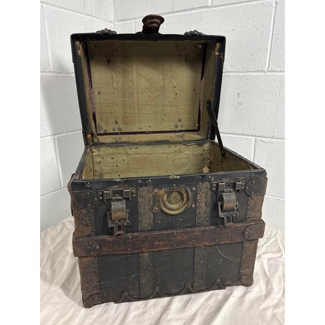 Victorian Rare Antique Miniature 19th Century Handmade Wood Iron Taylor Steamer Trunk For Sale - Image 3 of 17