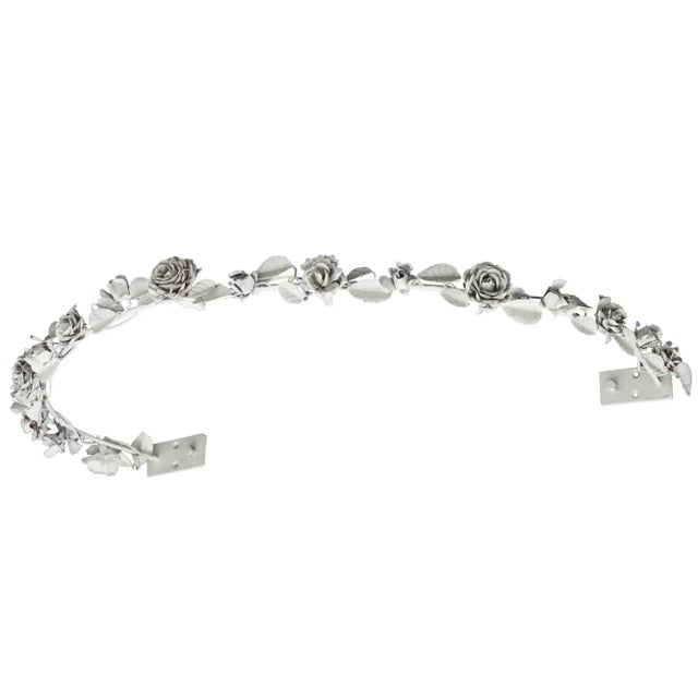 Romantic handmade iron crown of flowers & leaves with curtain rod. Mount over a bed or settee.