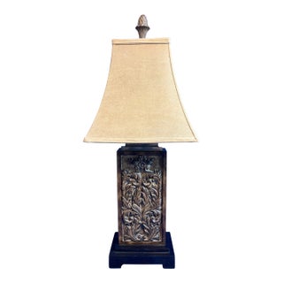 Tuscan Acanthus Relief Table Lamp in Ornate Bronze Pedestal Base With Linen Shade For Sale