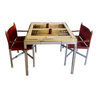 Willy Rizzo Signed 1970s Backgammon Table and Chairs in Steel and Brass, Leather and Peccary - Set of 3 For Sale