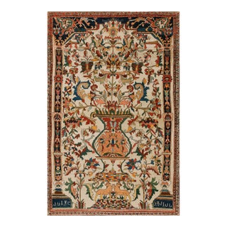 1890s Beige Tree of Life Antique Persian Sarouk Farahan Meditation Carpet 4'4'' X 6'9'' Knotted Wool Rug For Sale