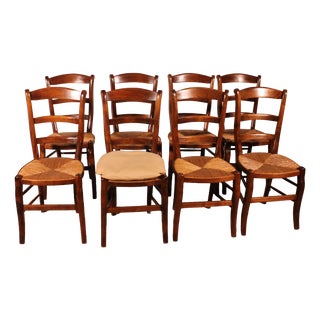Straw-Seated Cherrywood Chairs, 1970s, Set of 8 For Sale