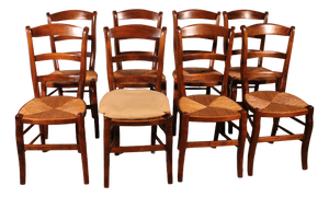 Straw-Seated Cherrywood Chairs, 1970s, Set of 8