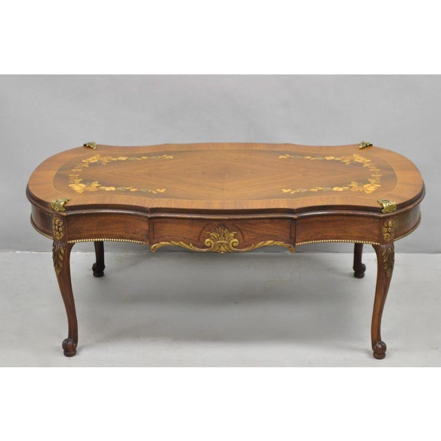 Antique French Louis XV Style Floral Inlay Walnut Coffee Table With Drawer For Sale - Image 14 of 15