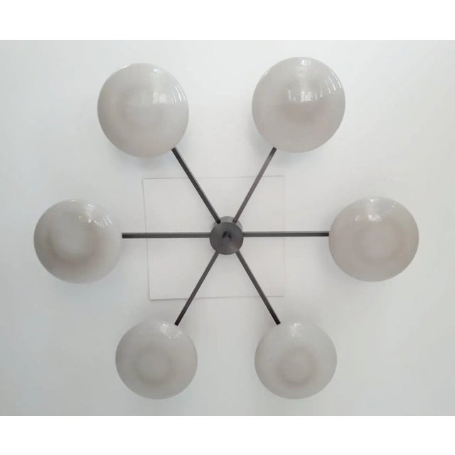 Italian flush mount with six glossy gray Murano glass shades mounted on solid brass frame in satin black nickel finish /...